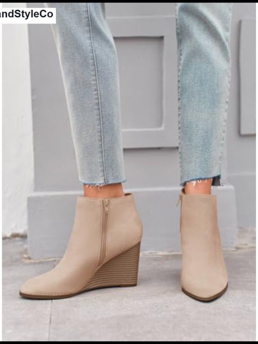 Faux Suede Wedge Ankle Booties Zip-Up Pointed Toe Boots - Picture 2 of 4
